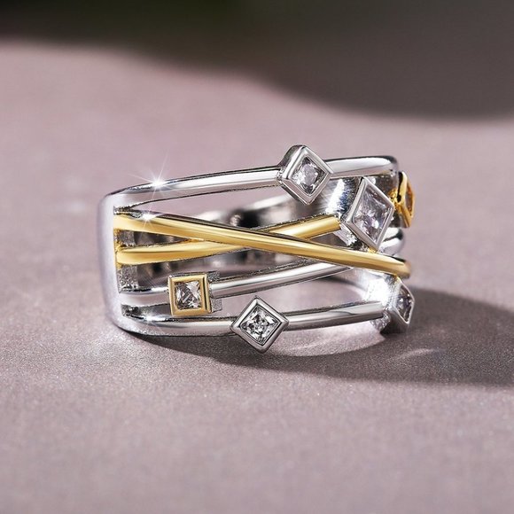 💞Multi Layer Glitter Square Shape Zircon Gold Stackable Fashion Ring,UNVN12118 - Picture 4 of 6